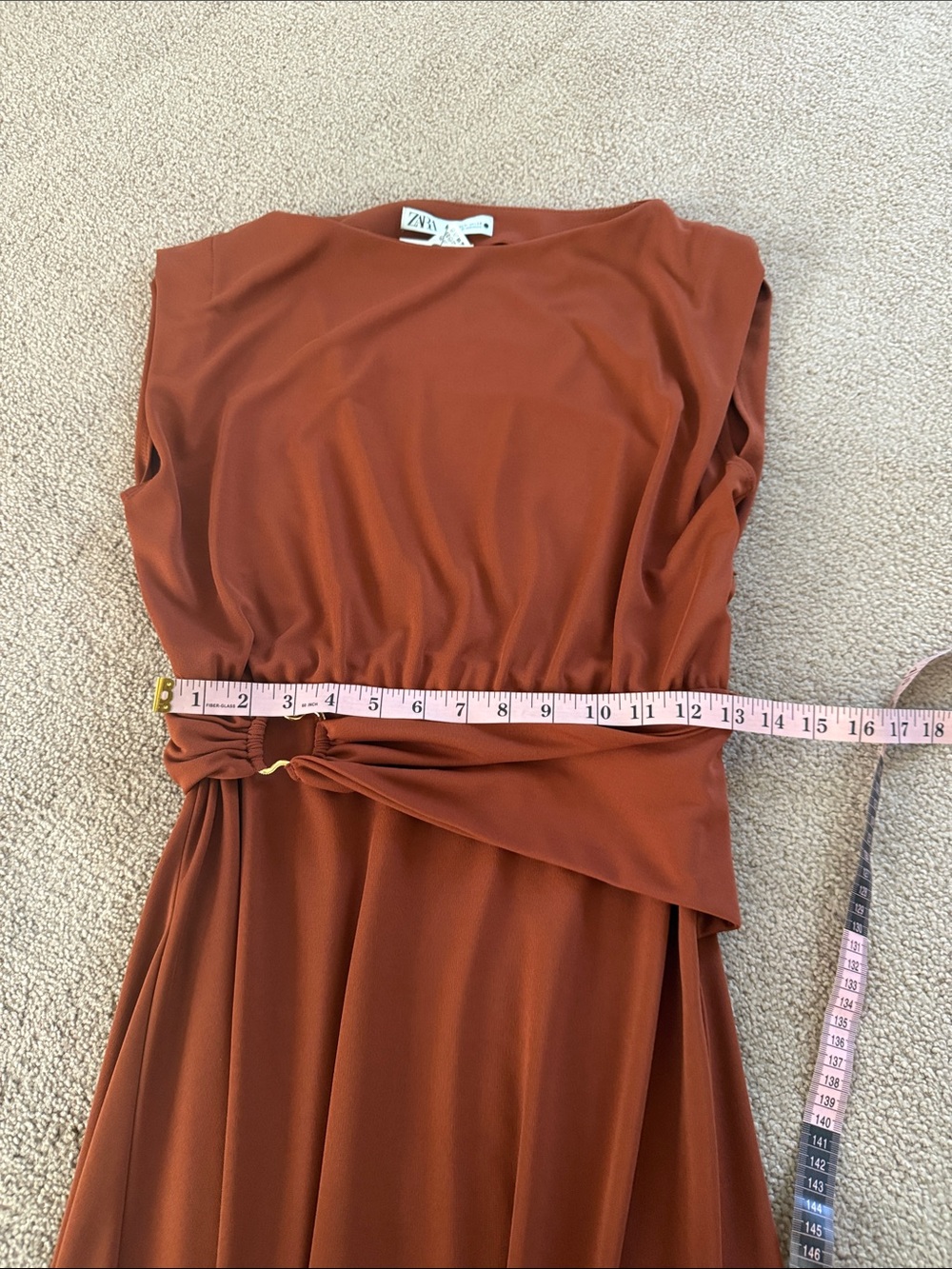 Zara Rust Red-Brown Tobacco Sleeveless Maxi Dress with Draped Waist Ring - Picture 9 of 14